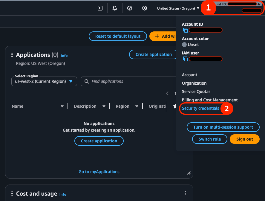 A screenshot of the home page of the AWS Console. The account settings tab in the top right corner is circled with the number 1, and the Security Credentials link on the dropdown is circled with the number 2.
