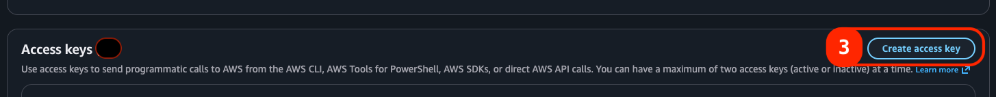 A screenshot of the 'Access Keys' section of the 'Security Credentials' page. A button on the right side of the section title 'Create Access Key' is circled with the number 3.