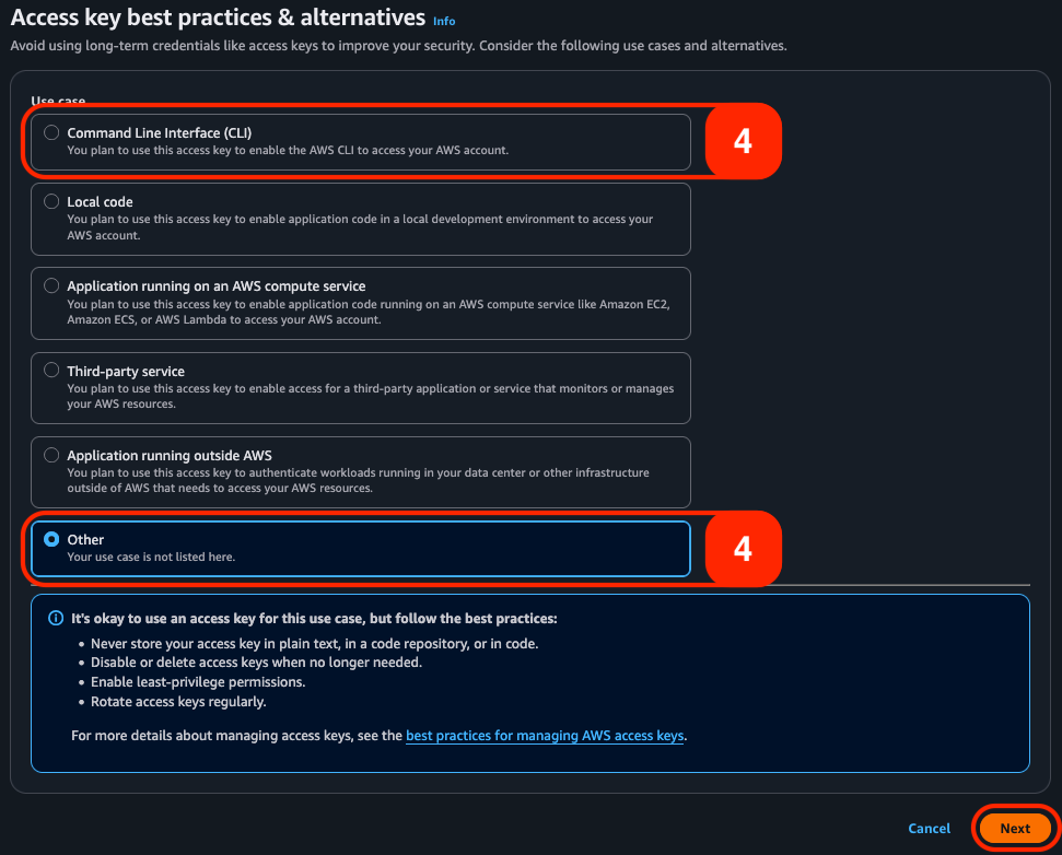 A screenshot of the 'Access Key Best Practices & Alternatives' page. The 'Command Line Interface (CLI)' and 'Other' tabs are circled with the number 4. The 'Next' button in the lower right corner of the page is circled.